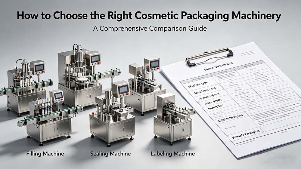 Detailed technical comparison sheet for various cosmetic machines, showing speed and accuracy metrics for the how to choose cosmetic packaging machine process.