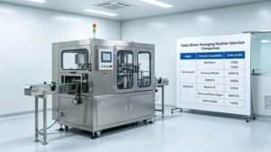Trustar pharmaceutical equipment showing a technical selection board for various blister packing machine models.