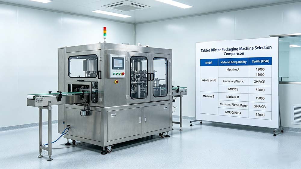 Trustar pharmaceutical equipment showing a technical selection board for various blister packing machine models.