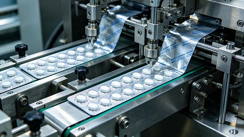 Top view of an operational tablet blister packaging line from HIJPACK, highlighting the seamless integration of aluminum foil and white tablets in a sterile environment.