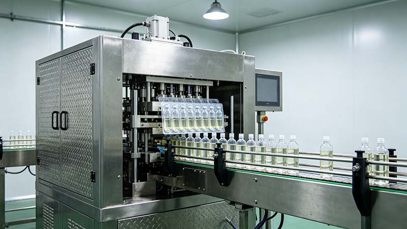 An operational liquid blister packaging machine inside a sterile GMP cleanroom, showcasing professional-grade industrial construction.