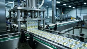 Precision industrial liquid packaging system by HIJPACK, featuring a continuous conveyor of perfectly sealed unit-dose lubricant packets.
