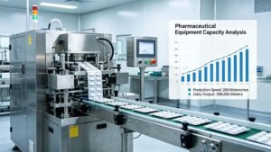 Digital dashboard overlaying a pharmaceutical blister line, illustrating real-time production speed and daily output metrics.