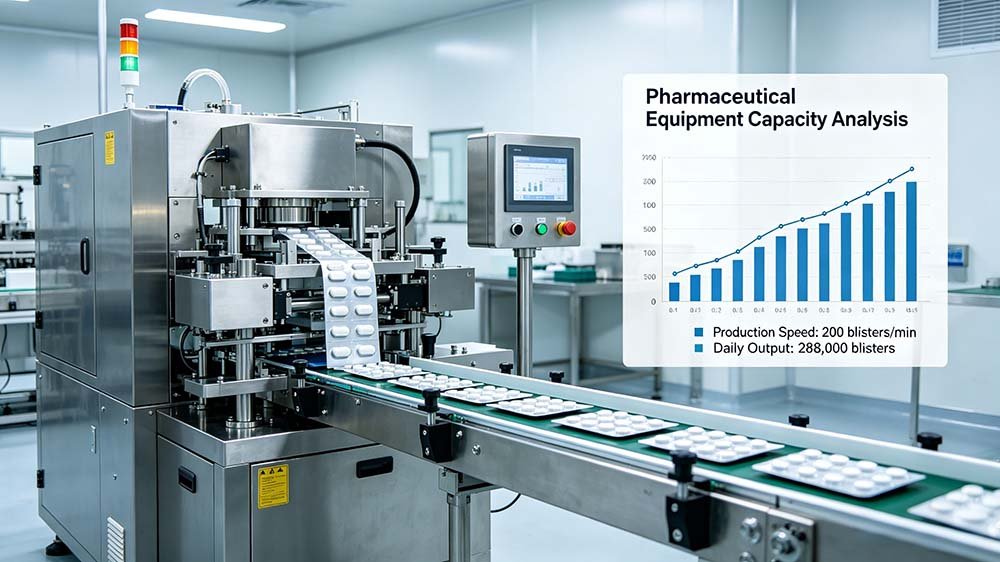 Digital dashboard overlaying a pharmaceutical blister line, illustrating real-time production speed and daily output metrics.