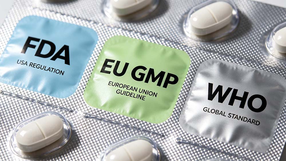 High-definition visual representing international compliance for pill blister packaging regulations FDA EU WHO across USA, Europe, and global markets。