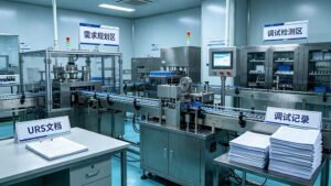 Technical documentation and laptop showing URS planning next to a professional turnkey capsule blister packaging line。