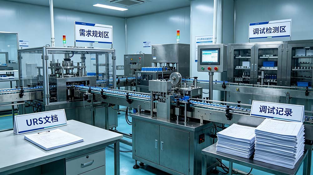 Technical documentation and laptop showing URS planning next to a professional turnkey capsule blister packaging line。