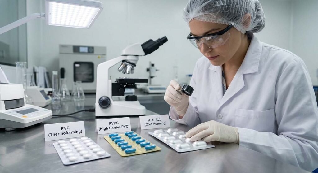 A laboratory setting where a female pharmaceutical scientist compares three types of blister packaging materials: PVC (Thermoforming), PVDC (High Barrier PVC), and ALU-ALU (Cold Forming). She is examining an ALU-ALU pack with a magnifying glass.