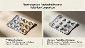 A decision guide showing PVC blister packs with high transparency versus aluminum-plastic packs with high barrier protection.