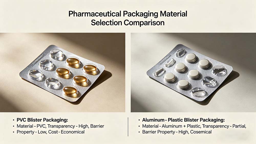 A decision guide showing PVC blister packs with high transparency versus aluminum-plastic packs with high barrier protection.