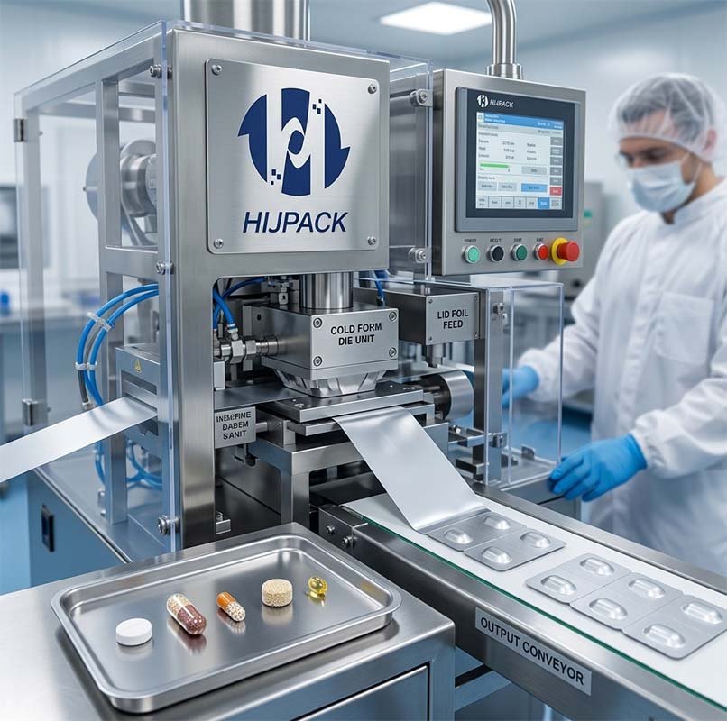 Close-up of pharmaceutical products requiring high-barrier protection being processed on a HIJPACK cold-form die unit.