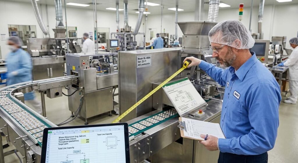 A male pharmaceutical engineer in a cleanroom using a measuring tape to check the dimensions of a Model BL-400A blister packaging machine. In the foreground, a tablet displays a spreadsheet for calculating total line capacity and blister dimensions.
