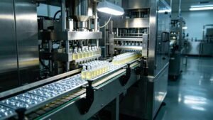 Complex multi-station automated machine in a sterile cleanroom simultaneously filling liquid vials and sealing them into custom thermoformed blister packs.