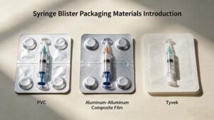Comparative view of PVC, Alu-Alu, and Tyvek syringe blister packs used for pharmaceutical compliance.