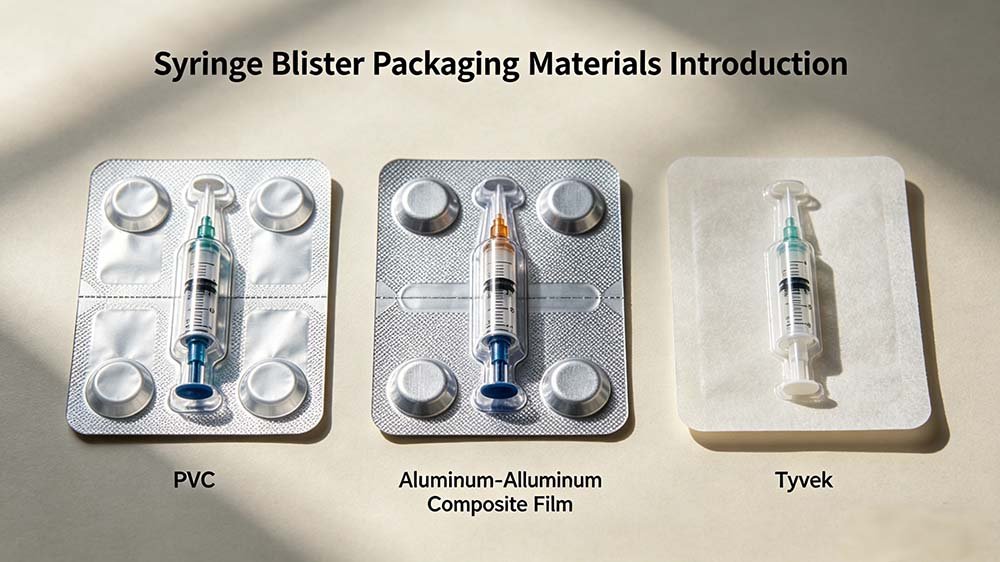 Comparative view of PVC, Alu-Alu, and Tyvek syringe blister packs used for pharmaceutical compliance.