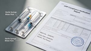 Detailed view of a medical-grade syringe blister machine configured to meet stringent international GMP validation requirements.