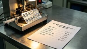 Financial spreadsheet showing a total investment of $143,000 for a medical syringe blister packaging setup.