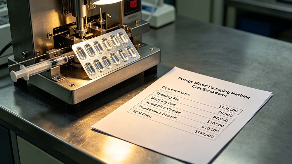 Financial spreadsheet showing a total investment of $143,000 for a medical syringe blister packaging setup.
