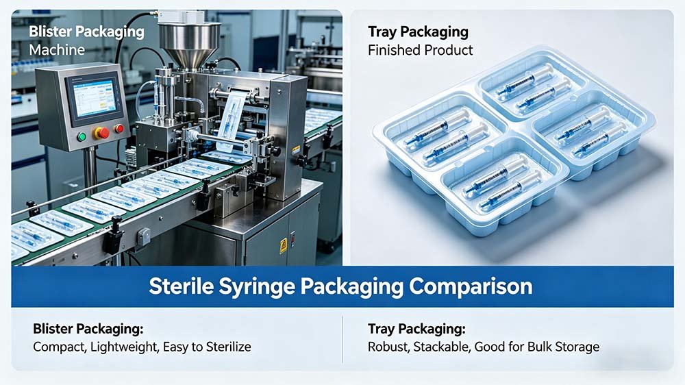 Infographic-style image illustrating the differences between lightweight syringe blister packs and stackable tray packaging.