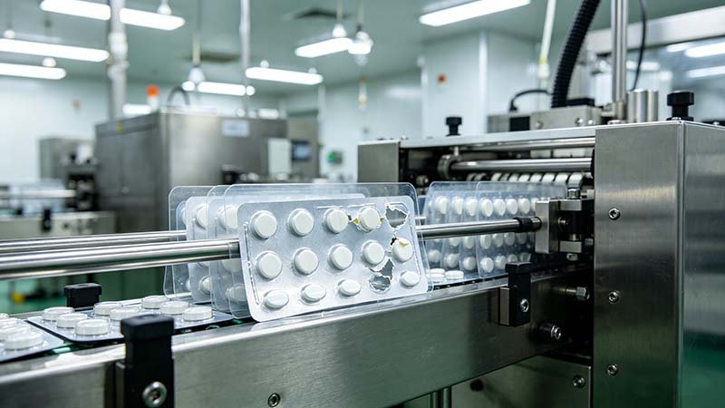 Analyzing physical damage for troubleshooting tablet blister machine defects before the cartoning process.