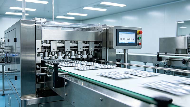 HMI screen displaying fast packaging speed on an automated tablet blister machine achieving a high blister per minute rate.