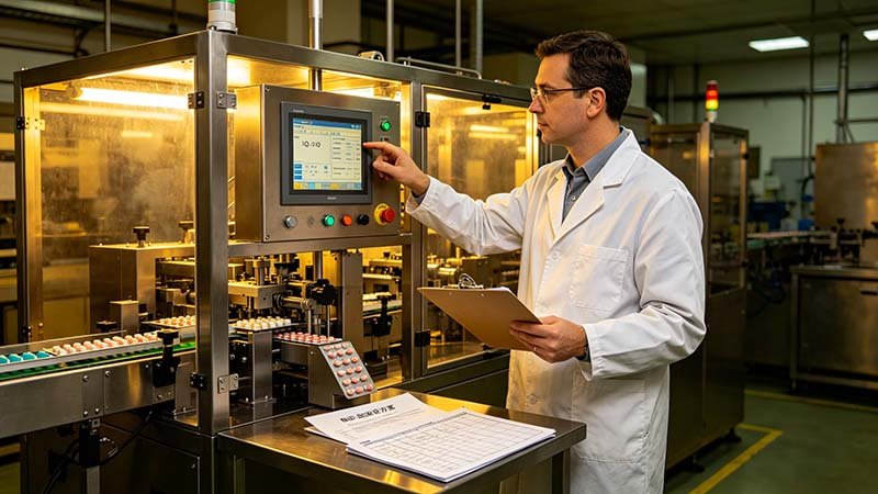 Professional pharmaceutical environment showing an engineer executing the final stages of tablet blister machine validation IQ OQ PQ.