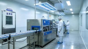 Engineers interacting with HMI digital panels on a pharma machine to manage audit trails for tablet blister packaging GMP FDA compliance.