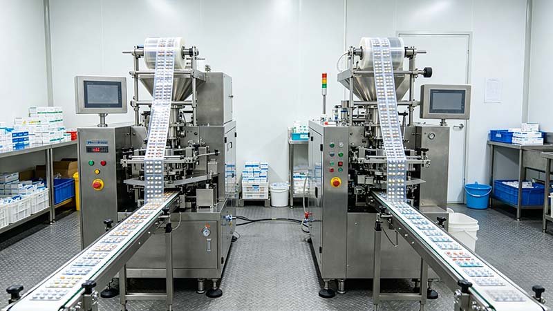 High-speed pharmaceutical production line by HIJPACK, showing the synchronized operation of a tablet vs capsule blister packing machine for unit-dose packaging.