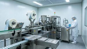 Close-up of a running pharmaceutical line in a cleanroom, showing the active components that impact tablet blister packing machine cost over time.