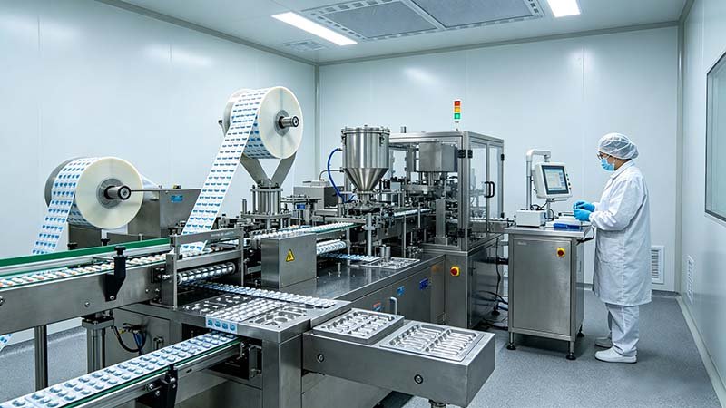 Close-up of a running pharmaceutical line in a cleanroom, showing the active components that impact tablet blister packing machine cost over time.