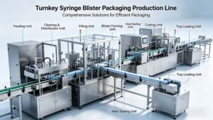 Visual representation of turnkey syringe blister packaging line services including design, manufacture, validation, and training.
