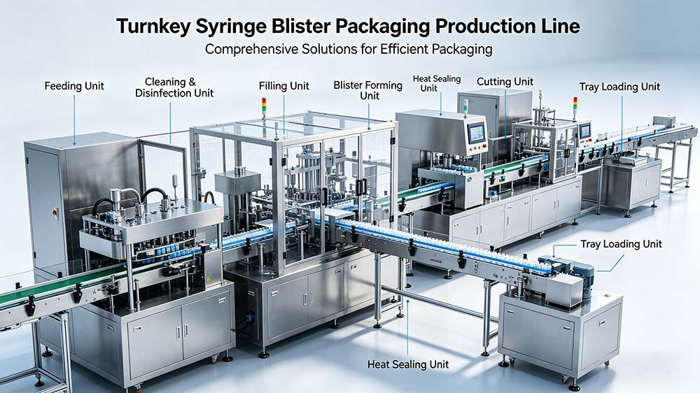 Visual representation of turnkey syringe blister packaging line services including design, manufacture, validation, and training.