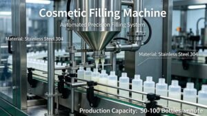 Industrial cosmetic filling machine in operation, automatically dispensing liquid into a row of white plastic bottles.