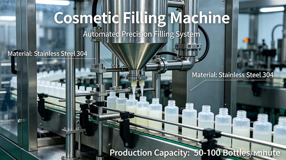 Industrial cosmetic filling machine in operation, automatically dispensing liquid into a row of white plastic bottles.