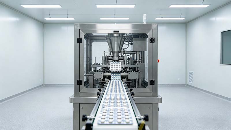 Understanding what is tablet blister packing machine by looking at its central feeding station, safety enclosures, and finished product conveyor.