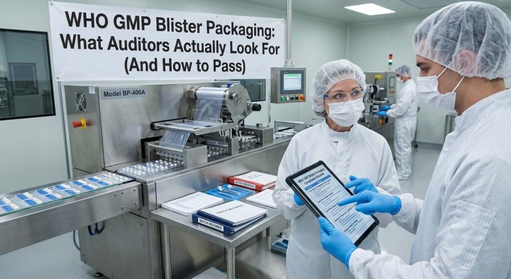 Close-up view of a tablet with a compliance checklist used during a WHO GMP blister packaging audit.