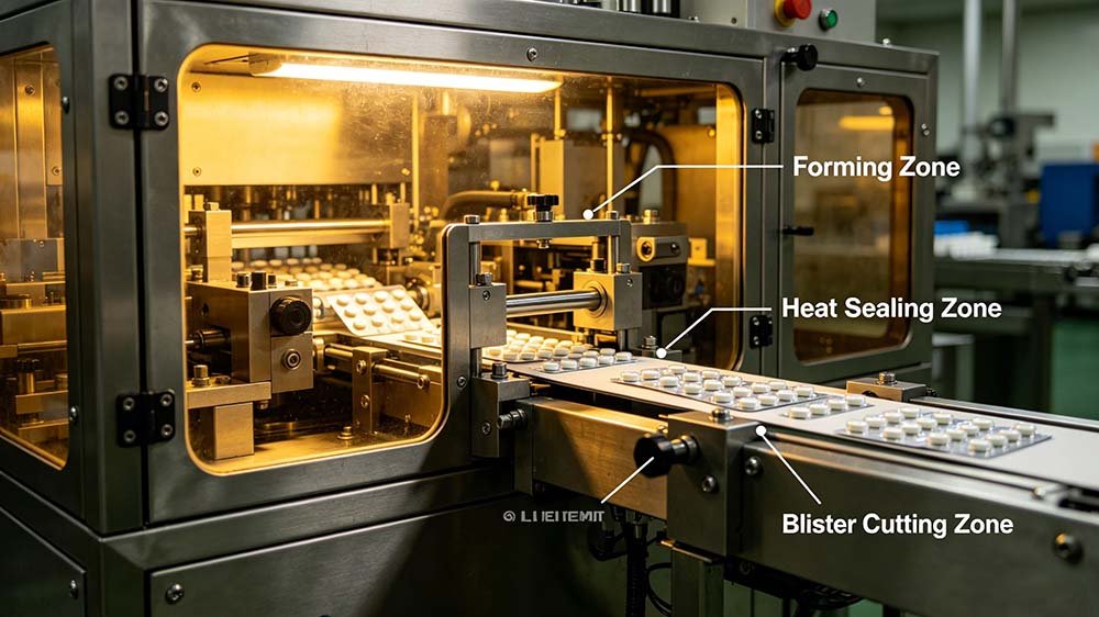 Step-by-step sequential stages of capsule blister packing within a cGMP certified facility。