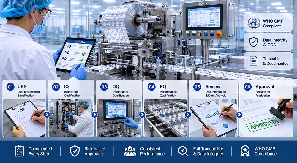 Full 6-stage operational qualification and risk-based validation pipeline for automated pharmaceutical secondary packaging equipment.