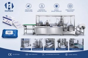Fully enclosed pharmaceutical machinery for manufacturing 75 percent isopropyl alcohol wipes and antiseptic pads, engineered with strict sealing controls by Forester Xiang's team at HIJ.