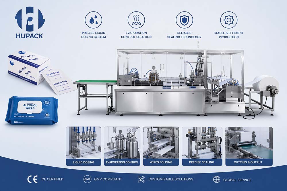 Fully enclosed pharmaceutical machinery for manufacturing 75 percent isopropyl alcohol wipes and antiseptic pads, engineered with strict sealing controls by Forester Xiang's team at HIJ.