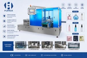 5-step automated packaging process flowchart of a high-efficiency perfume glass bottle and spray cartoning line.