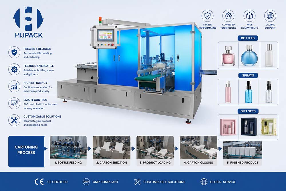5-step automated packaging process flowchart of a high-efficiency perfume glass bottle and spray cartoning line.