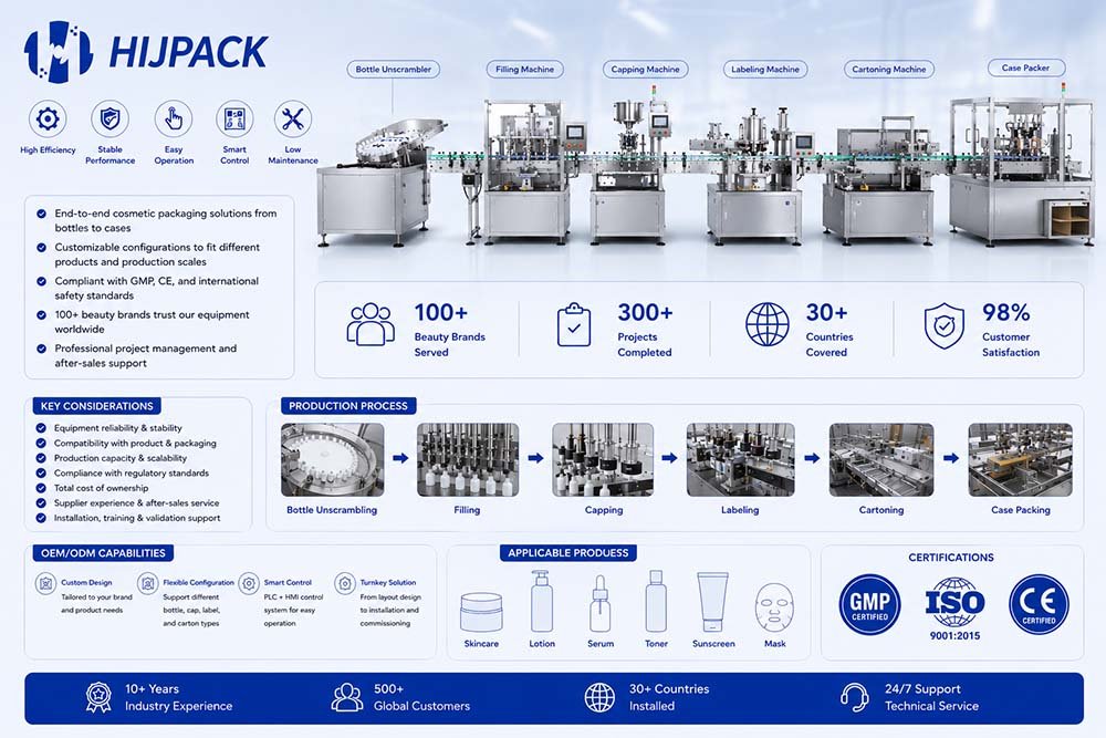 Technical reference chart breaking down procurement key considerations and the 6-step manufacturing kinetics of a GMP compliant cosmetic OEM assembly line.