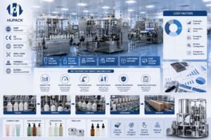 Technical reference chart breaking down the 6 key engineering factors that impact cost and the 5-step processing kinetics of a cosmetic packaging line.