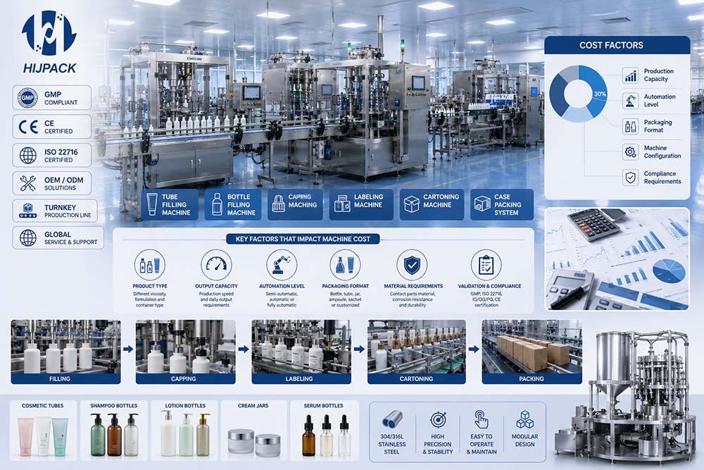 Technical reference chart breaking down the 6 key engineering factors that impact cost and the 5-step processing kinetics of a cosmetic packaging line.