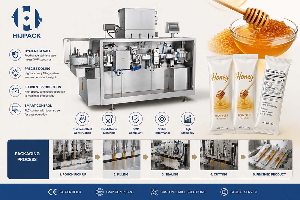 Heavy-duty stainless steel automatic liquid packaging machine with airtight safety enclosures from HIJ Machinery (Wenzhou), engineered for high efficiency and reliable pharmaceutical-grade compliance.