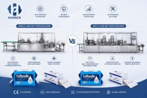 Fully automatic single-lane wet wipes and alcohol pad packaging machinery line with integrated roll feeding system, engineered for pharmaceutical-grade compliance by Forester Xiang's team.