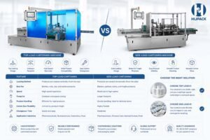 Comparison table of top-loading and side-loading cartoning equipment for pharmaceutical, food, and cosmetic packaging industries.
