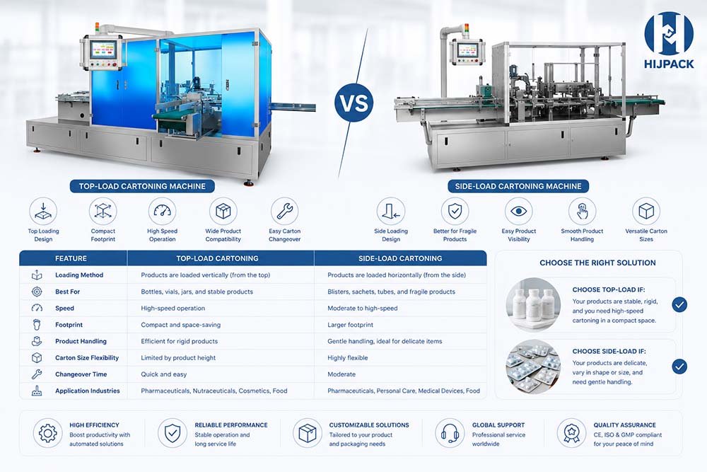 Comparison table of top-loading and side-loading cartoning equipment for pharmaceutical, food, and cosmetic packaging industries.
